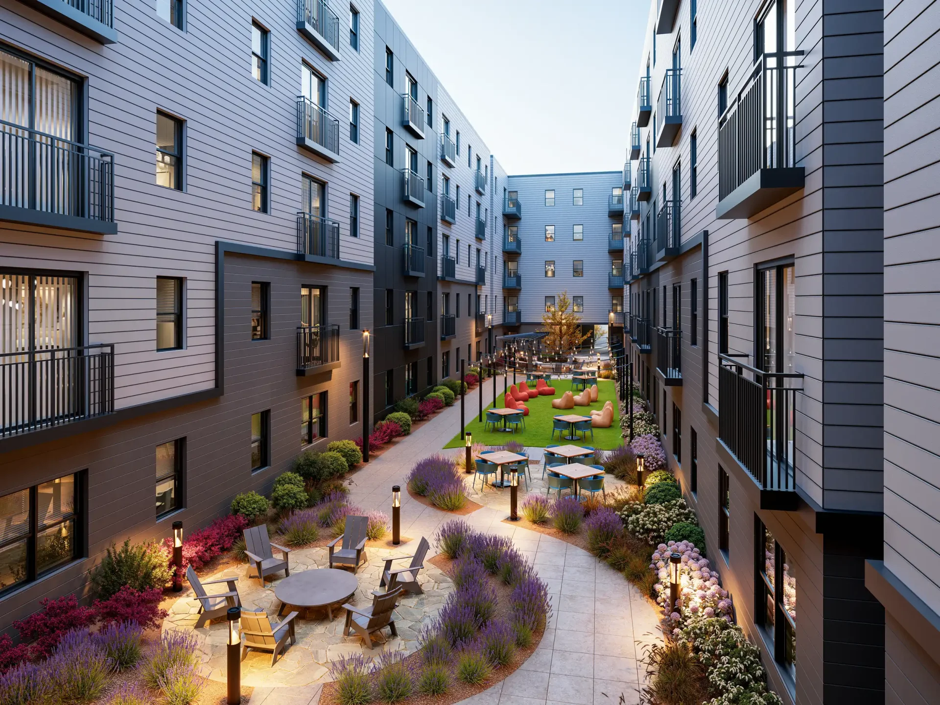 Spirited outdoor courtyard at Signature at Varsity with a putting green, fire pit, and lawn games.
