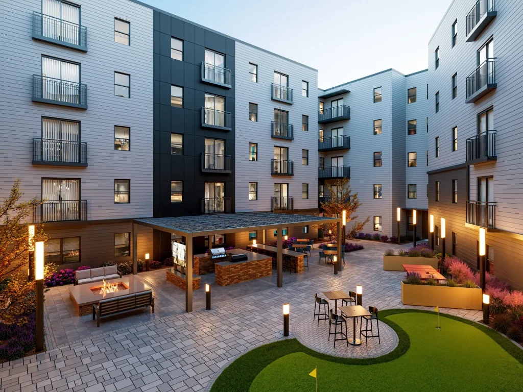 signature at varsity apartments courtyard putting green games grilling and fire pit
