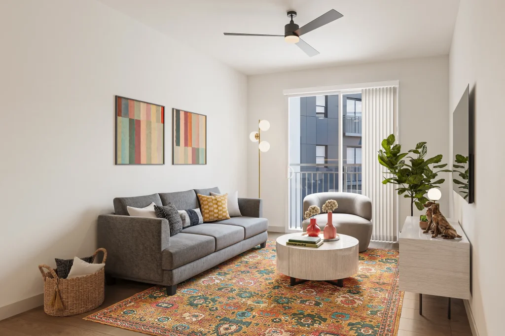 signature at varsity apartments fully furnished living room with balcony access