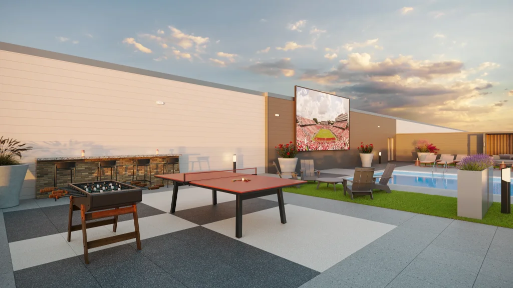 signature at varsity apartments rooftop pool terrace games ping pong and foosball tables